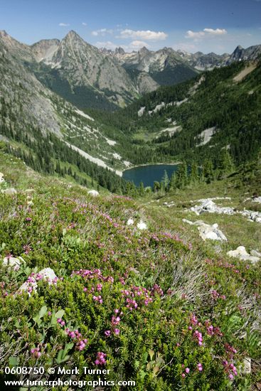 Lake Ann in glacial cirque w/ Whistler Mtn on left skyline, Liberty Bell bkgnd; Pink Mountain-heather fgnd (view east fr near Maple Pass)
