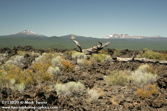 Lava flow w/ Mt. Bachelor, Tumalo Mtn., South Sister, Broken Top, Middle Sister, North Sister on skyline