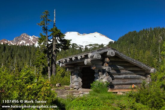 Mazama Park shelter w/ Mountain Hemlocks, Yellow Cedars, view to Mt. Baker